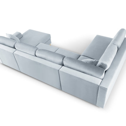 Panoramic corner sofa left velvet with box and sleeping function, Moghan, 7-seater - Light blue