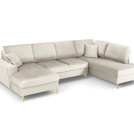 Panoramic corner sofa right velvet with box and sleeping function, Moghan, 7-seater - Light beige