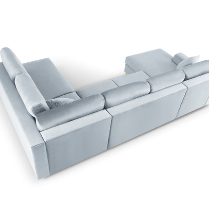 Panoramic corner sofa right velvet with box and sleeping function, Moghan, 7-seater - Light blue