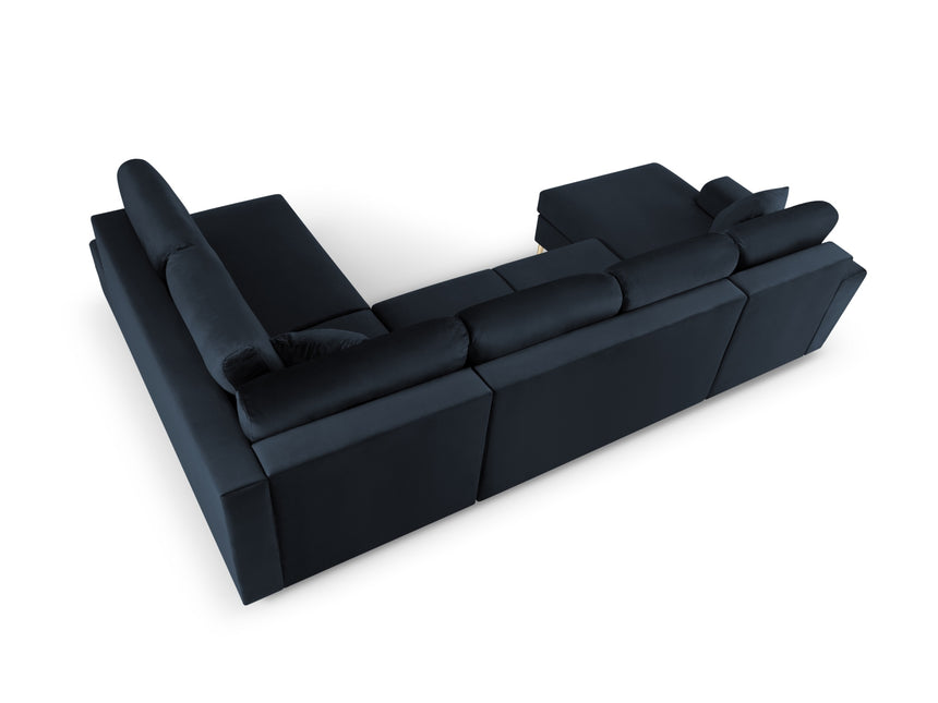 Panoramic corner sofa right velvet with box and sleeping function, Moghan, 7-seater - Dark blue