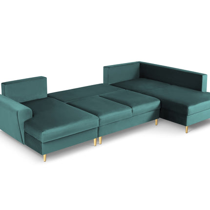 Panoramic corner sofa right velvet with box and sleeping function, Moghan, 7-seater - Blue