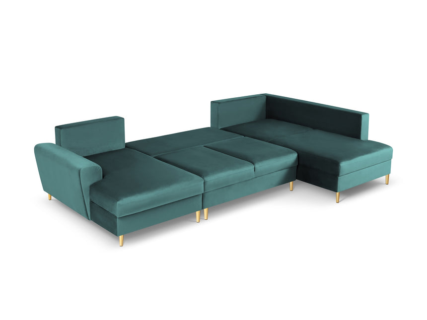 Panoramic corner sofa right velvet with box and sleeping function, Moghan, 7-seater - Blue