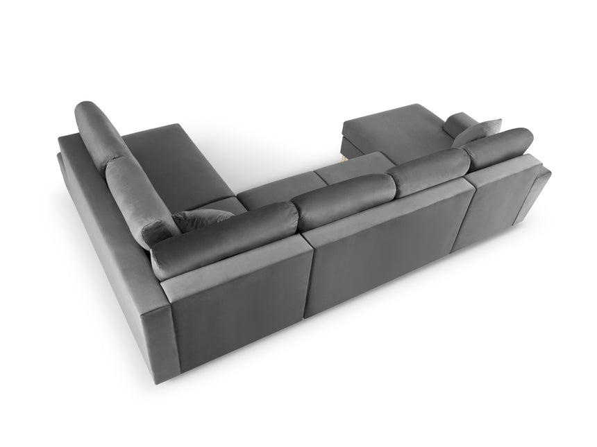 Panoramic corner sofa right velvet with box and sleeping function, Moghan, 7-seater - Light gray