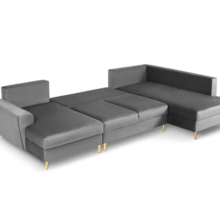 Panoramic corner sofa right velvet with box and sleeping function, Moghan, 7-seater - Light gray
