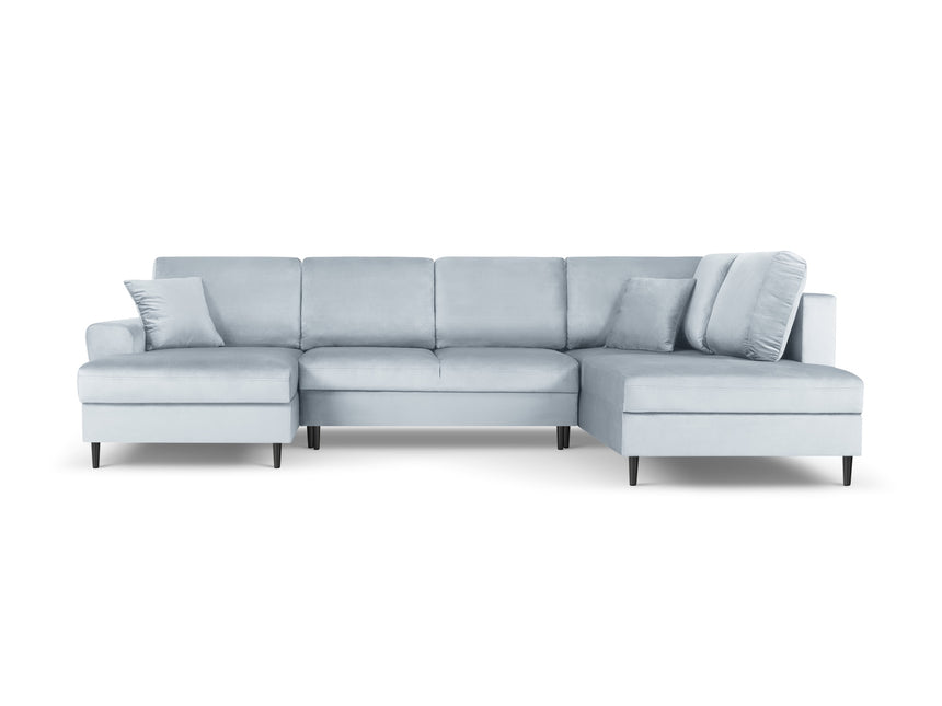 Panoramic corner sofa right velvet with box and sleeping function, Moghan, 7-seater - Light blue