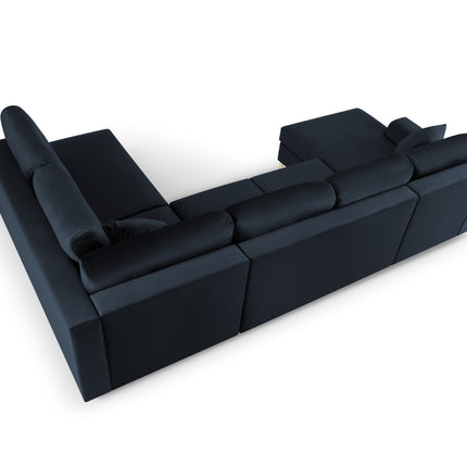 Panoramic corner sofa right velvet with box and sleeping function, Moghan, 7-seater - Dark blue
