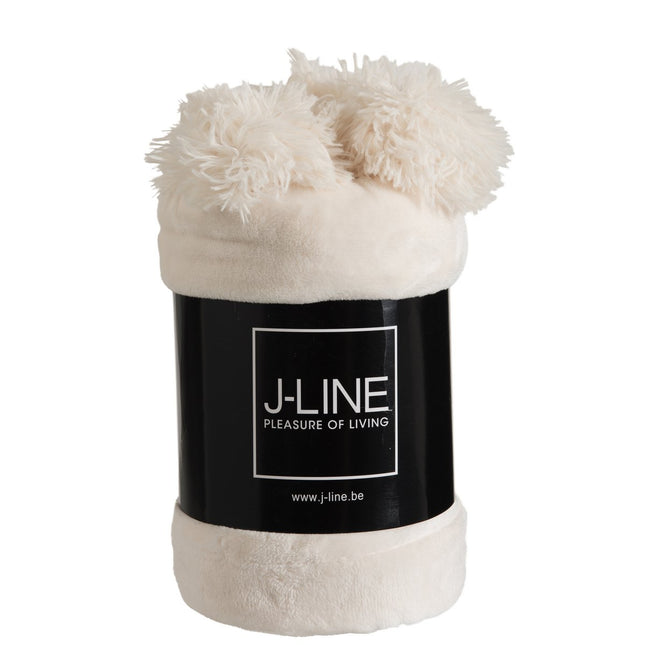 J-Line Plaid Pompon - polyester - crème - 170 x 130 cm