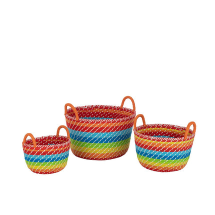 J-Line Set of 3 Basket Rainbow Stripes + Handles Seagrass Mix