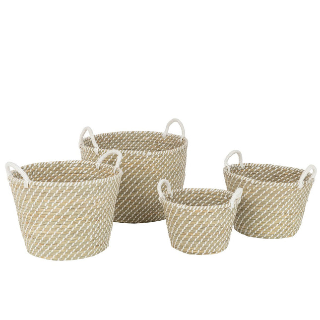 J-Line Set of 4 Basket Round Handles Straw Natural/White