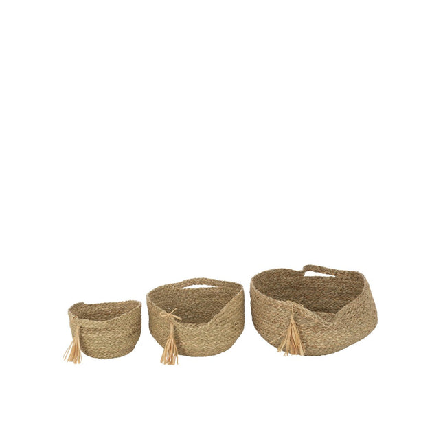 J-Line Set of 3 Round Basket with Handle + Brush Grass Natural