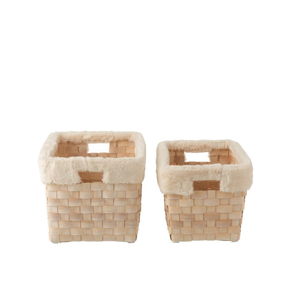 J-Line set of 2 rectangular baskets - faux fur/rattan - natural/white