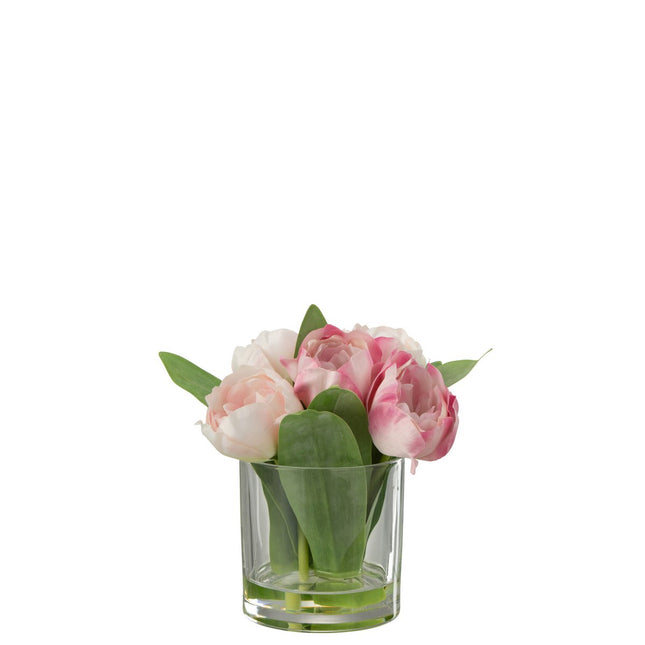 J-Line Tulpen In Vaas Rond Plastiek Glas Roze Small
