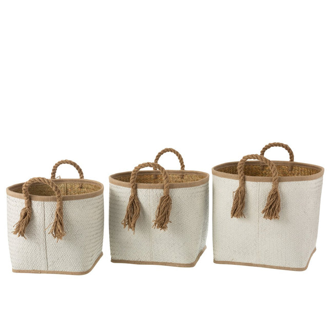 J-Line set of 3 Baskets Palm Leaf - jute - natural/white