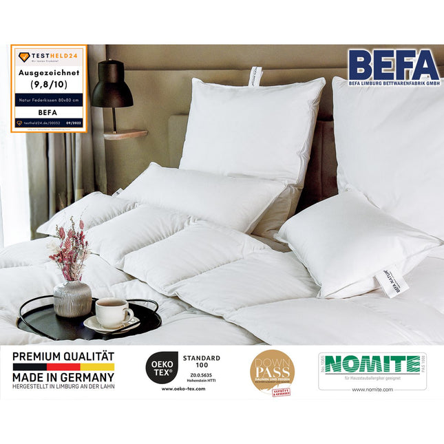 Made in Germany feather cushion 80x80 cm, white, cushion made of new feathers class 1, 1500g. Suitable for allergy sufferers (nomite), Oeko-Tex 100 class 1 certified, Downpass