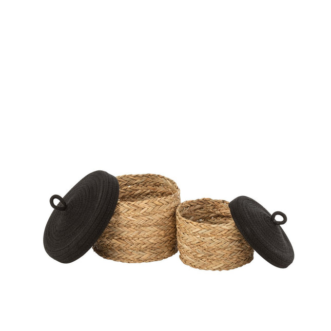 J-Line set of 2 baskets + lid Round - grass/cotton - natural/black