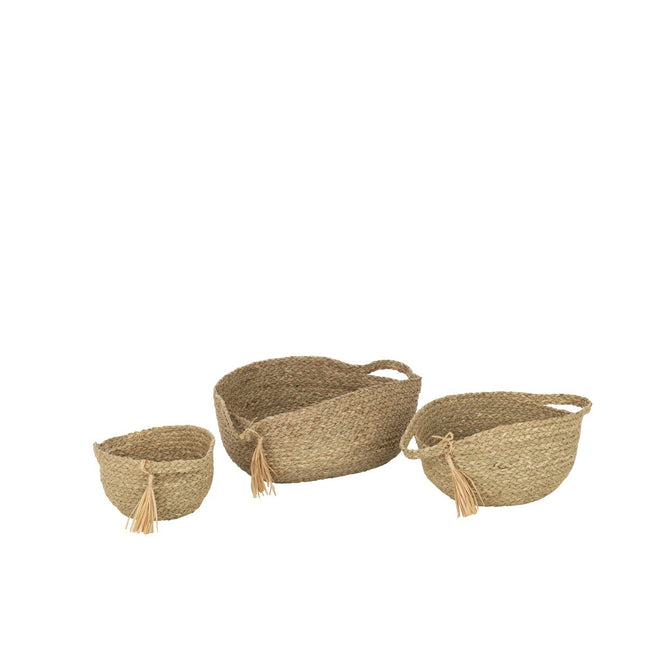 J-Line Set of 3 Round Basket with Handle + Brush Grass Natural