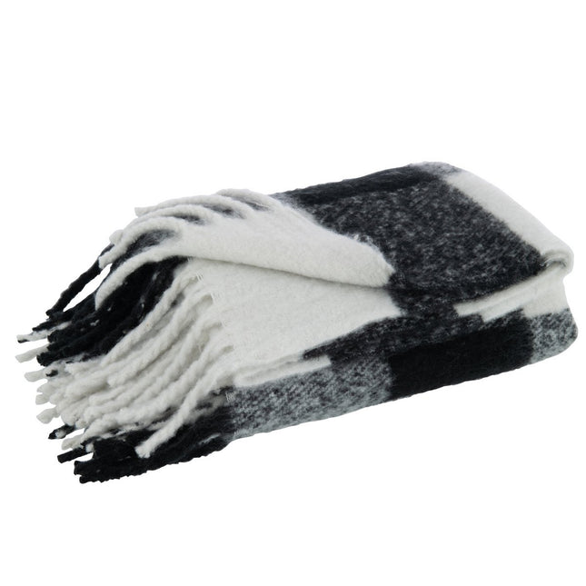 J-Line Plaid tegels - polyester - zwart/ wit - 152 x 127 cm