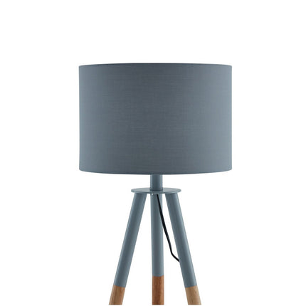 Table lamp with wooden frame and gray/natural fabric shade