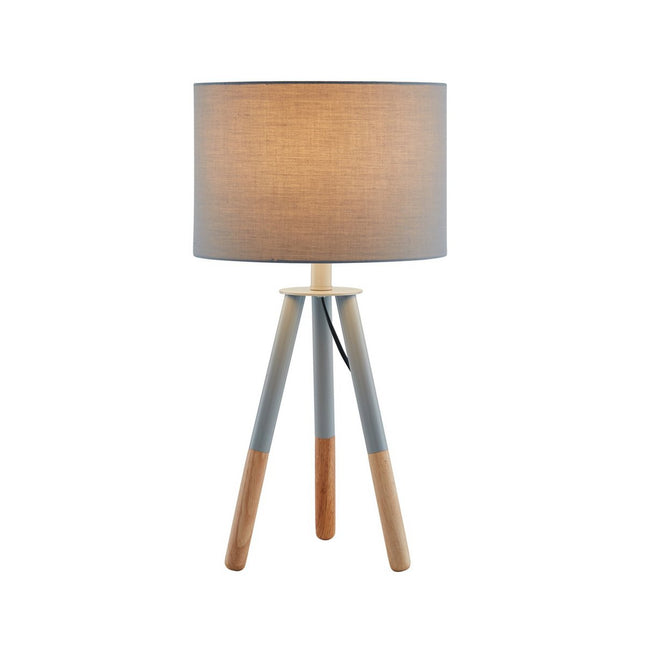 Table lamp with wooden frame and gray/natural fabric shade