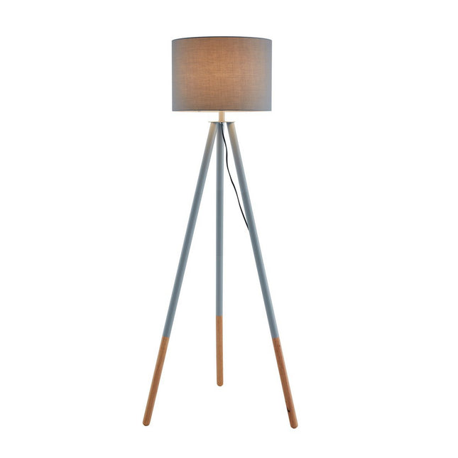 Standing lamp with wooden frame and gray/natural fabric shade