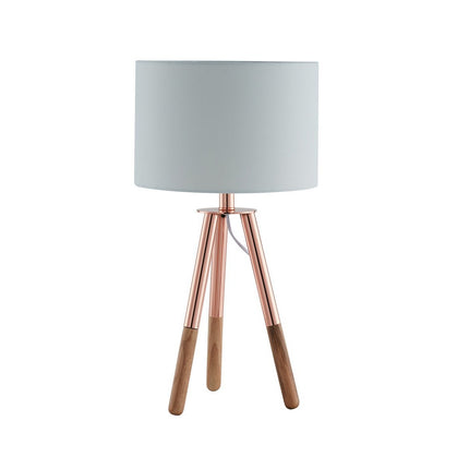 Table lamp with wooden frame and copper/oak fabric shade