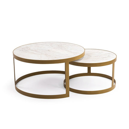 Stalux Coffee table set 'Saar' around 80 and 60cm, color gold / white marble