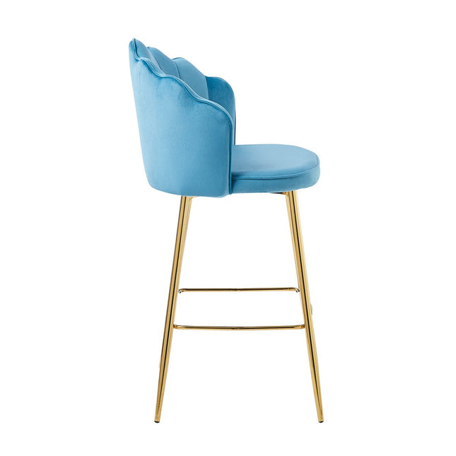 Set of 2 bar stools with shell design in blue velvet